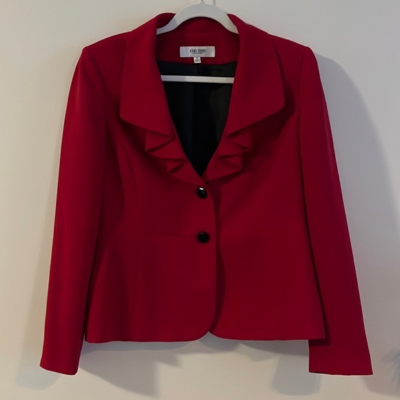Vintage Jones Studio Red Blazer Suit Jacket Ruffle Artsy Fran Fine Retro Bling - Picture 1 of 5